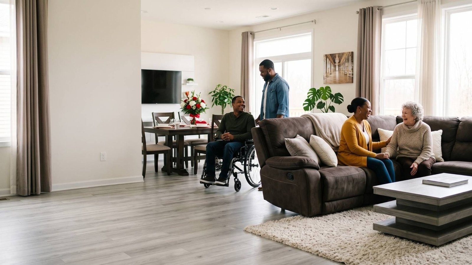 Caregivers and residents together in the living room at Angie Home Care AFC in Grand Rapids, MI