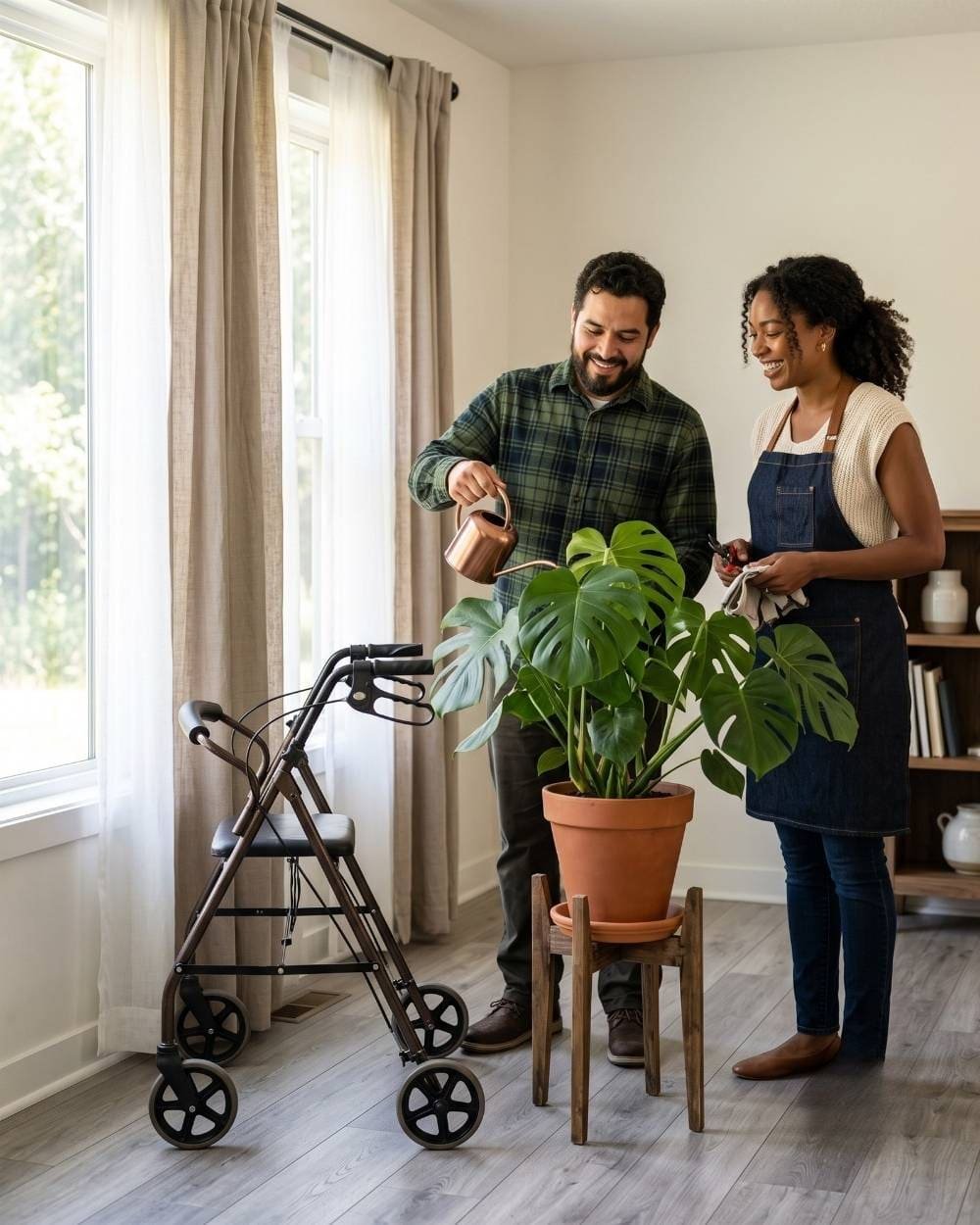 A resident and caregiver caring for houseplants together at Angie Home Care AFC