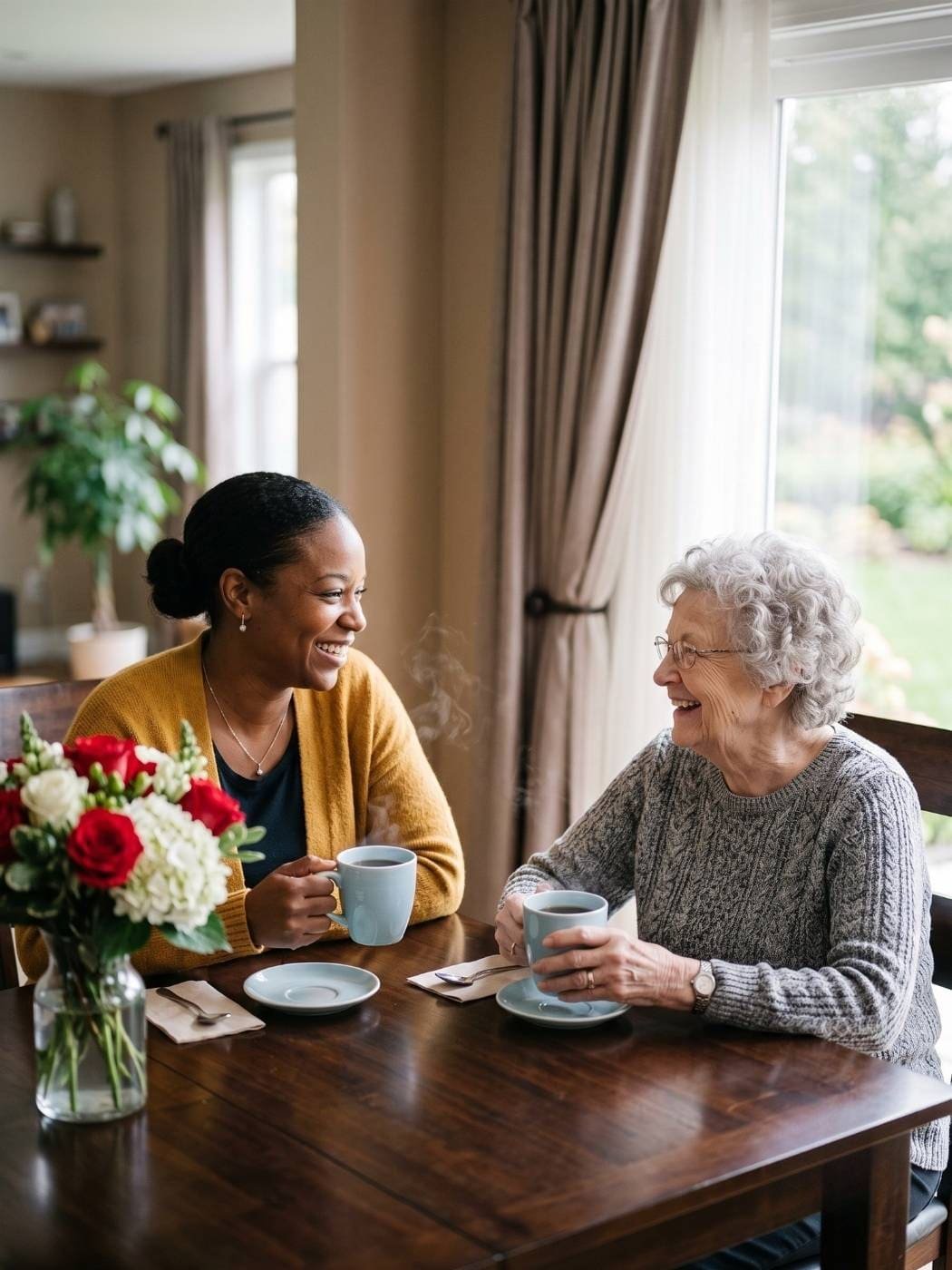 Caregiver and senior resident laughing over tea together — compassionate live-in care