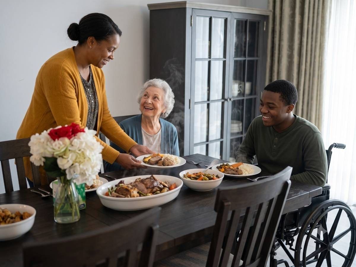 Caregiver serving a home-cooked meal to residents at Angie Home Care AFC