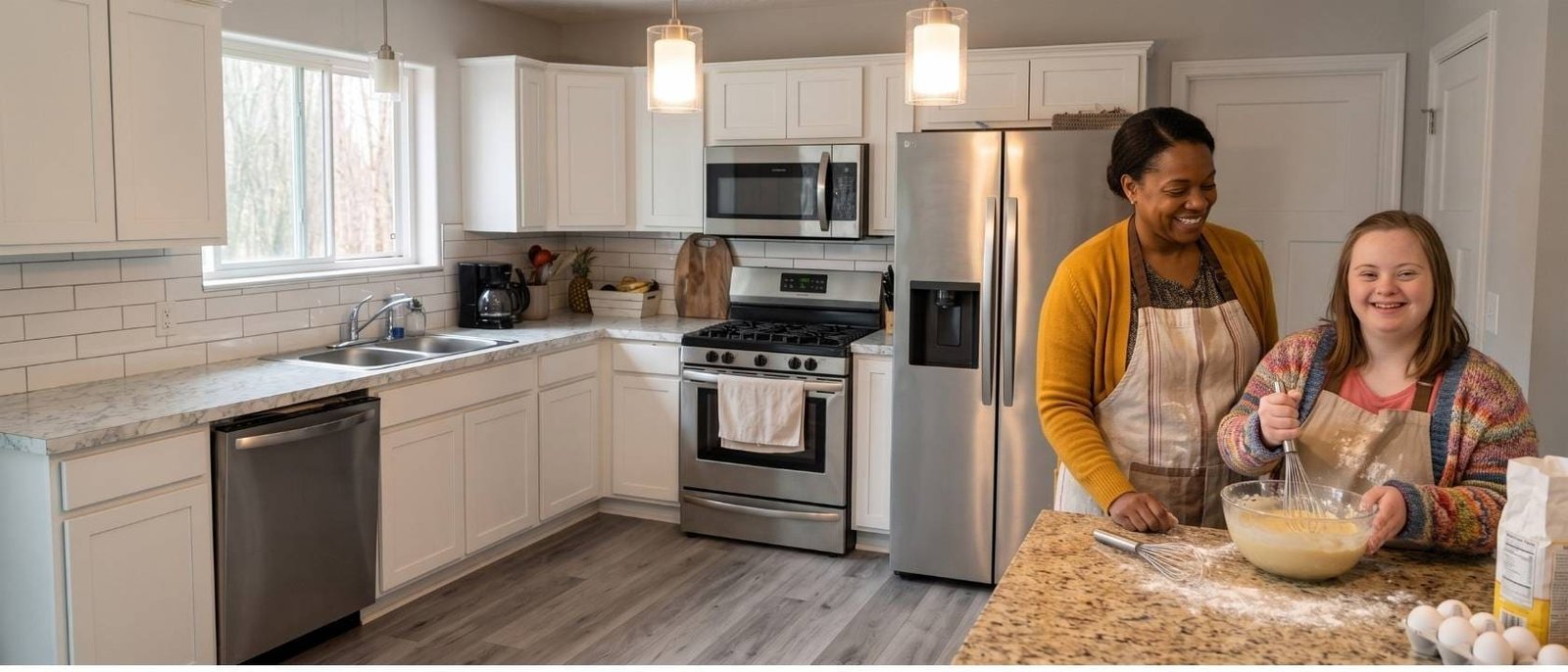 Resident and caregiver baking together — everyday life at Angie Home Care AFC
