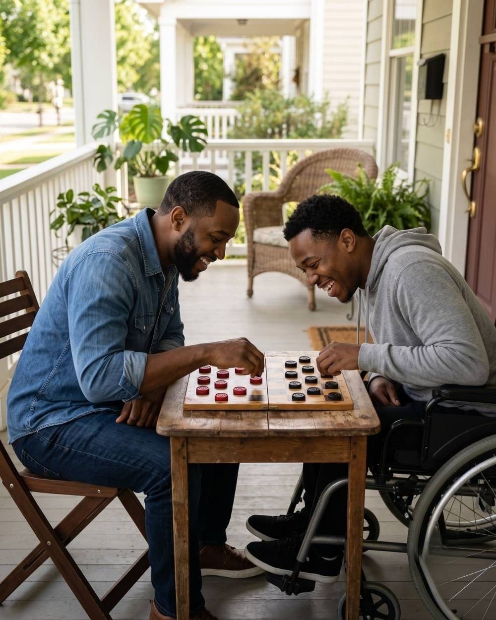 A resident and caregiver playing checkers on the porch at Angie Home Care AFC