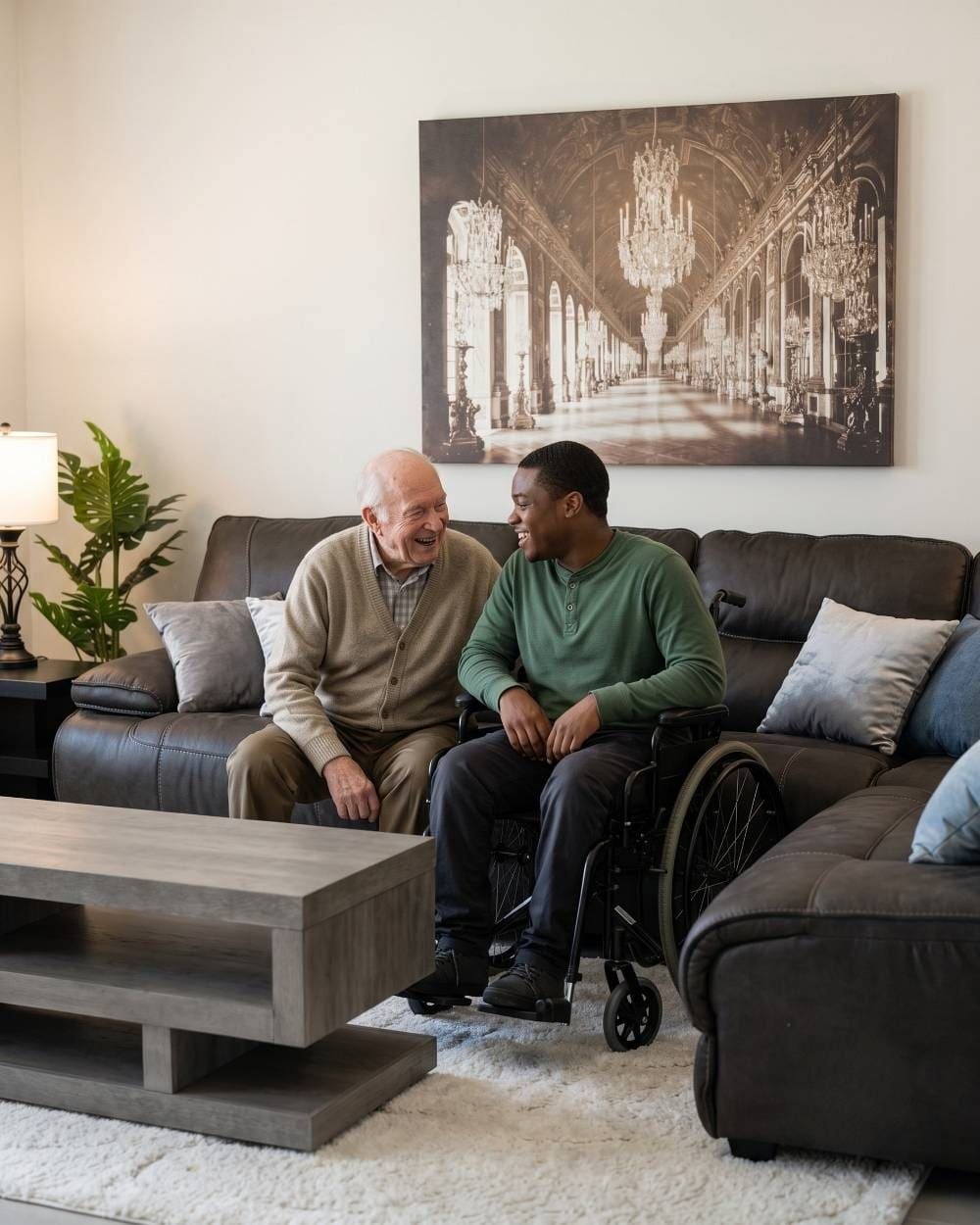 Two residents of different ages laughing together as friends at Angie Home Care AFC