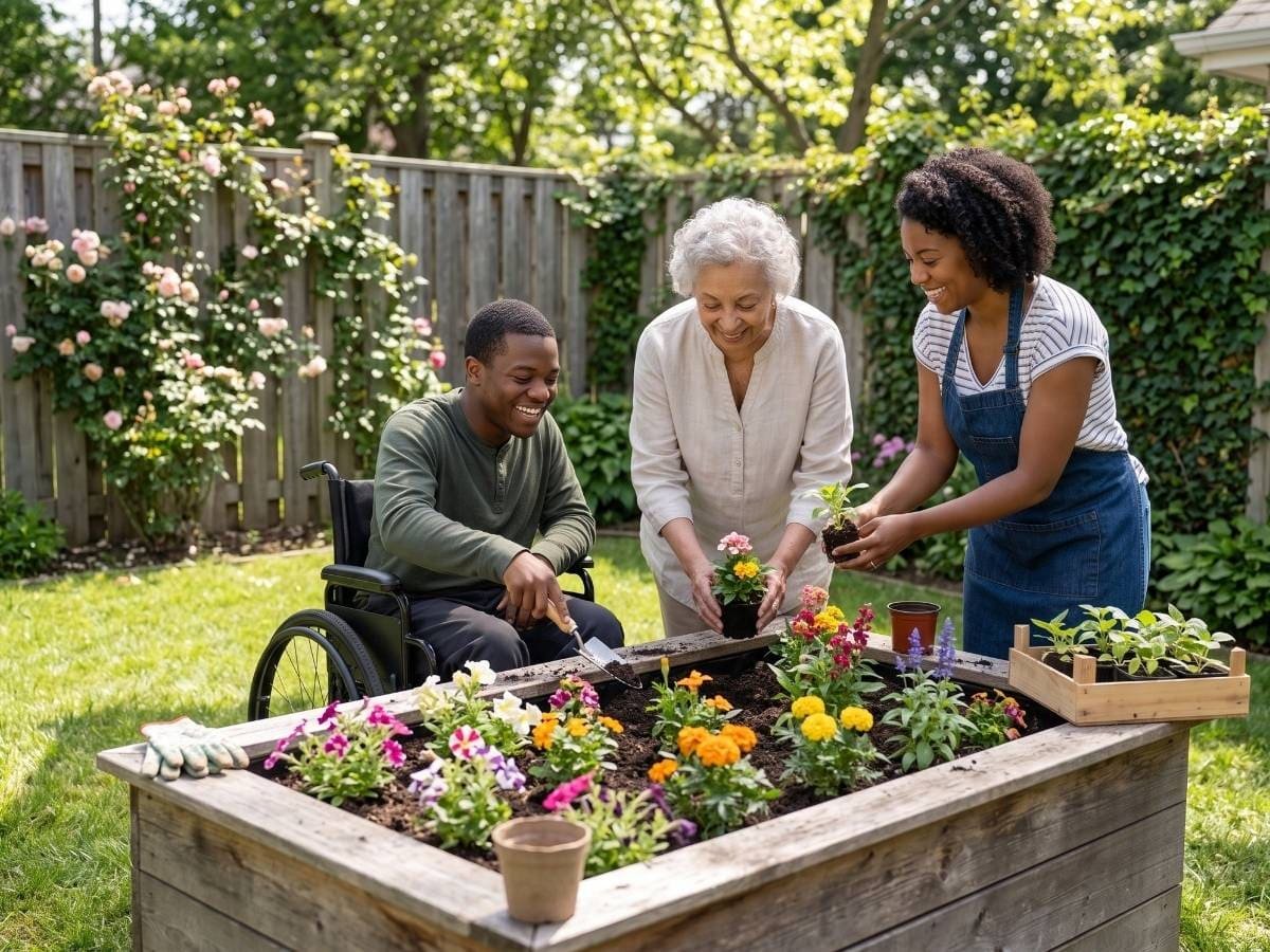 Residents and caregiver gardening together outdoors at Angie Home Care AFC